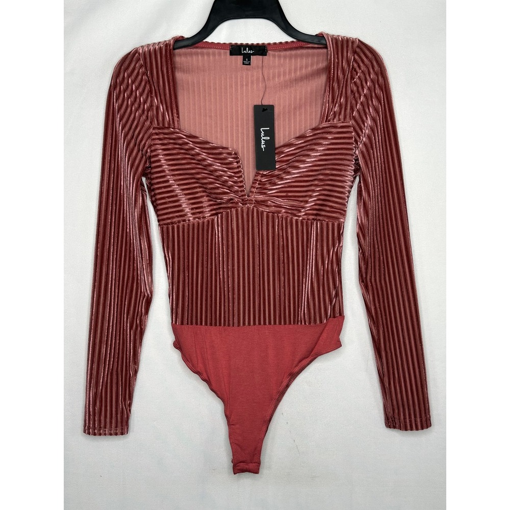 Lulus Women Long Sleeve Ribbed Velvet Bodysuit Mauve Sweetheart  NWT Y2K Sz S